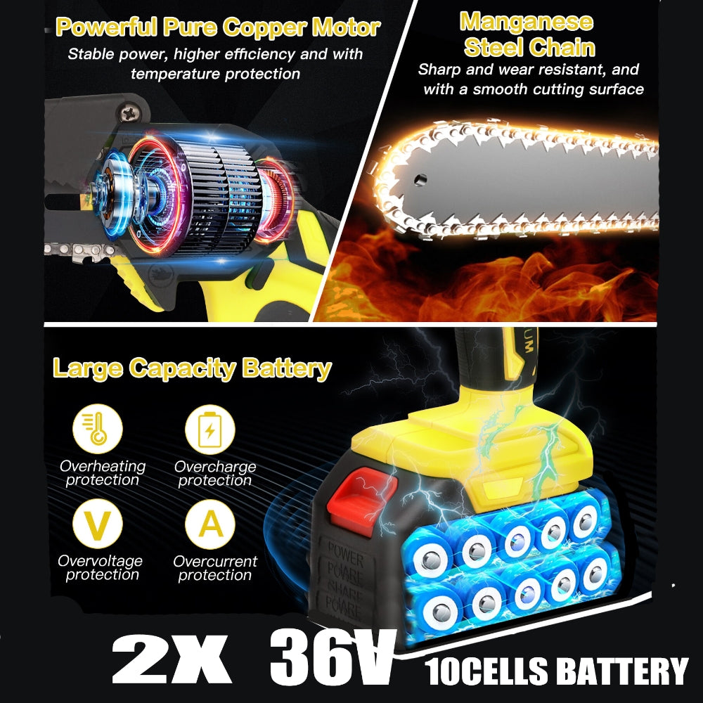 Power Saws: 36V 8" Mini Cordless Electric Chainsaw 2XBattery 36V Wood Cutter Rechargeable