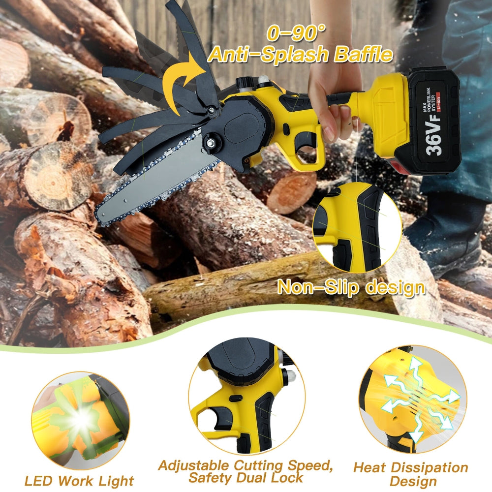 Power Saws: 36V 8" Mini Cordless Electric Chainsaw 2XBattery 36V Wood Cutter Rechargeable