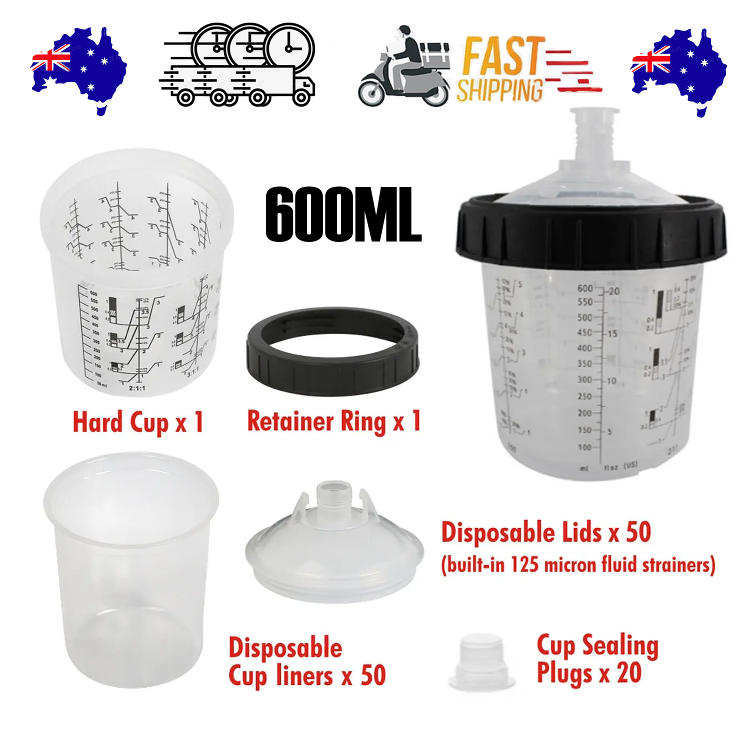 Painting Tools: 50 Sets Paint Spray Gun Cup Lids Liners Kit with Micron Filter  600ML Clear
