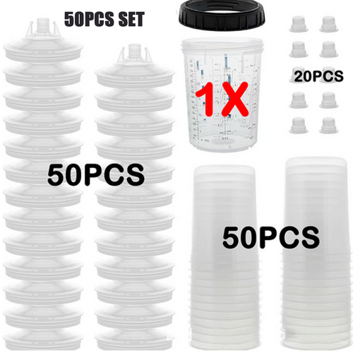 Painting Tools: 50 Sets Paint Spray Gun Cup Lids Liners Kit with Micron Filter  600ML Clear