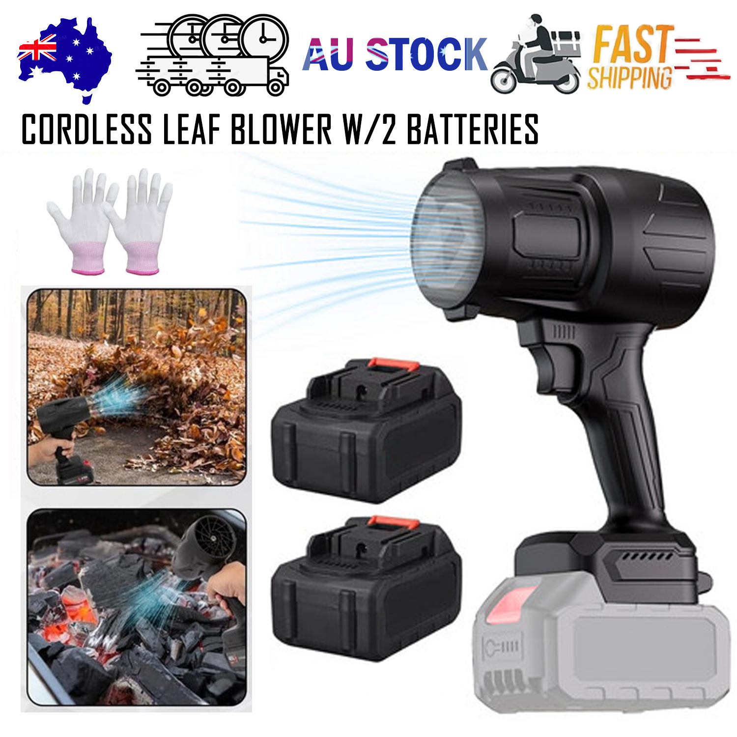 Leaf Blowers: Stepless Cordless Leaf Blower w/2 Batteries Portable Handheld Turbo Jet Fan AU