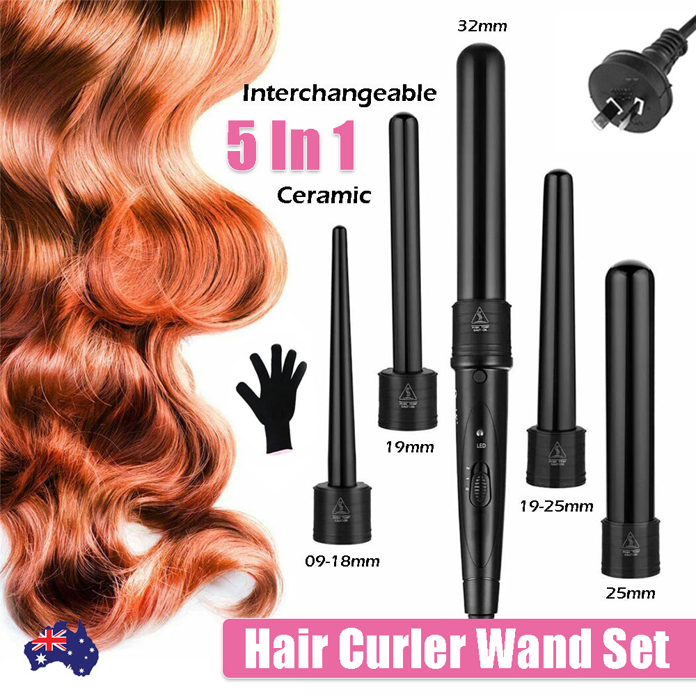 Hair Styling Products: 5 in 1 Hair Curler Wand Set Ceramic Styling Curling Iron Roller Barrel LED+Glove