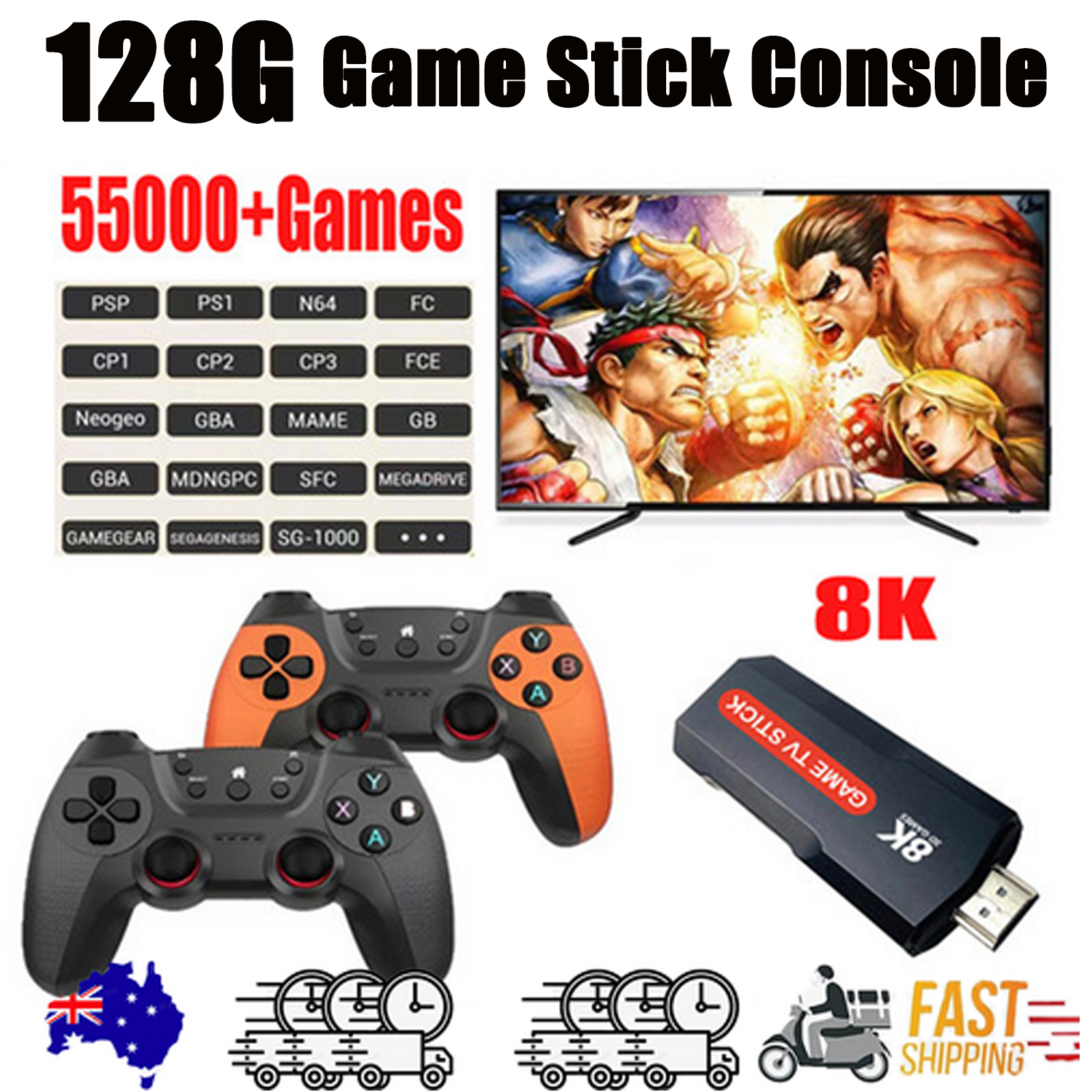 Video Games: 128GB 2025 NEW 8K HDMI Video Game Stick Console 55000+ 2 Wireless Controller