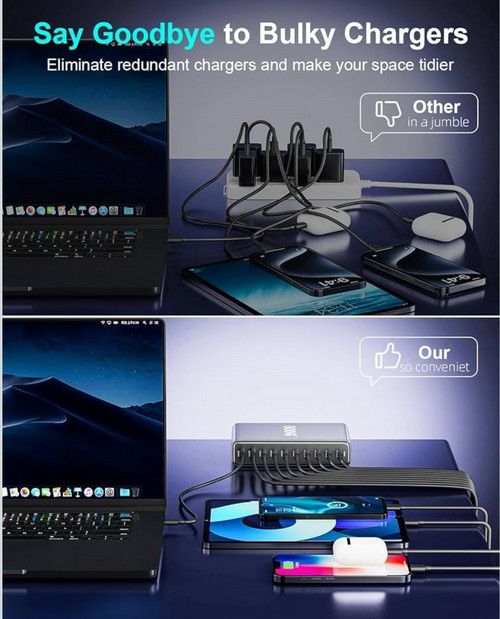 1000W GaN Fast Charging Station 10Ports USB&Type-C for iPhone, Laptops, MacBook