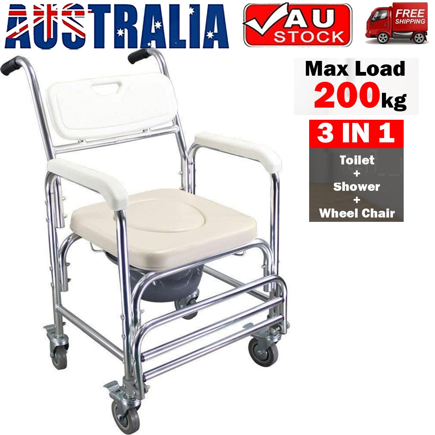 Mobility & Accessibility: Mobile Shower Toilet Commode Chair Bathroom Aluminum Bedside Footrest Wheelchair