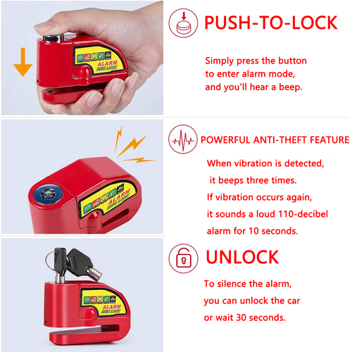 Bicycle Parts: Motorcycle Alarm Disc Lock Motor Bike Brake Security Electric Rotor Bike Lock RED