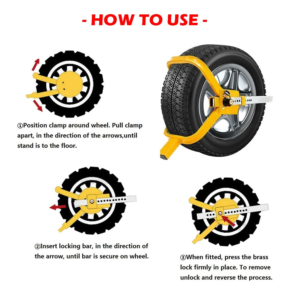Camp Safety Equipment: Heavy Duty Wheel Defender Lock Clamp Tyre Lock 13" 14" 15" Car Caravan Trailer