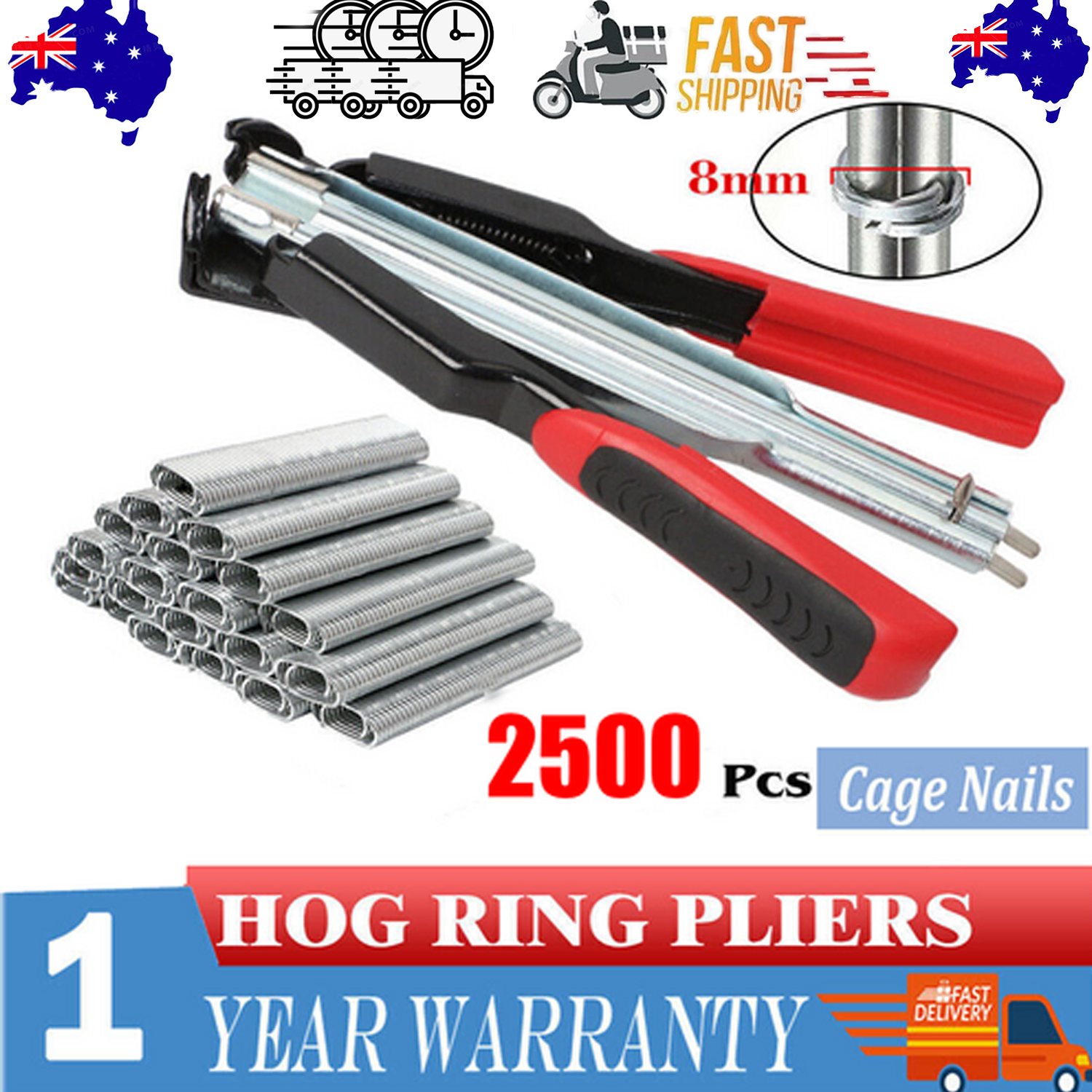 Coop & Hutch Accessories: Hog Ring Gun C Clip Auto Feed Nailer Pliers+2500pcs Galvanised Steel Hogring Set