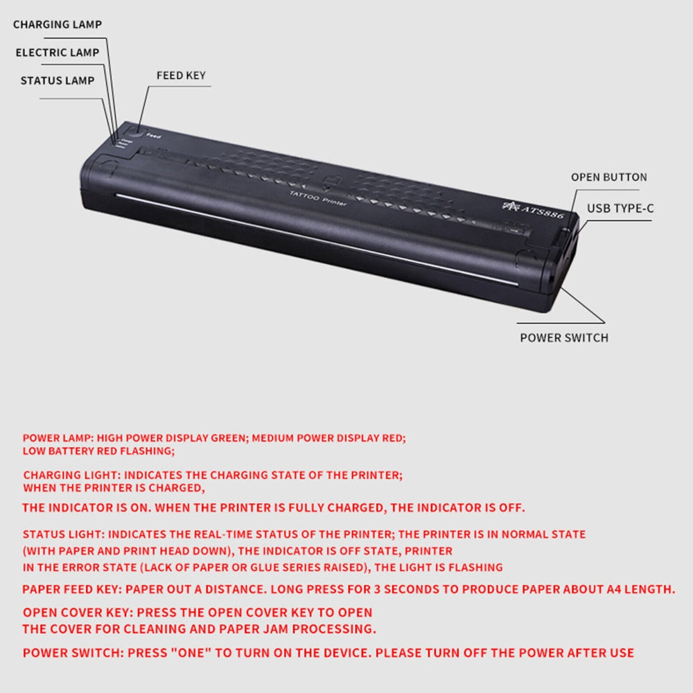 Tattoo Suppliers: Wireless Tattoo Transfer Printer Portable Machine Clear Transfer Stencil Printer Black