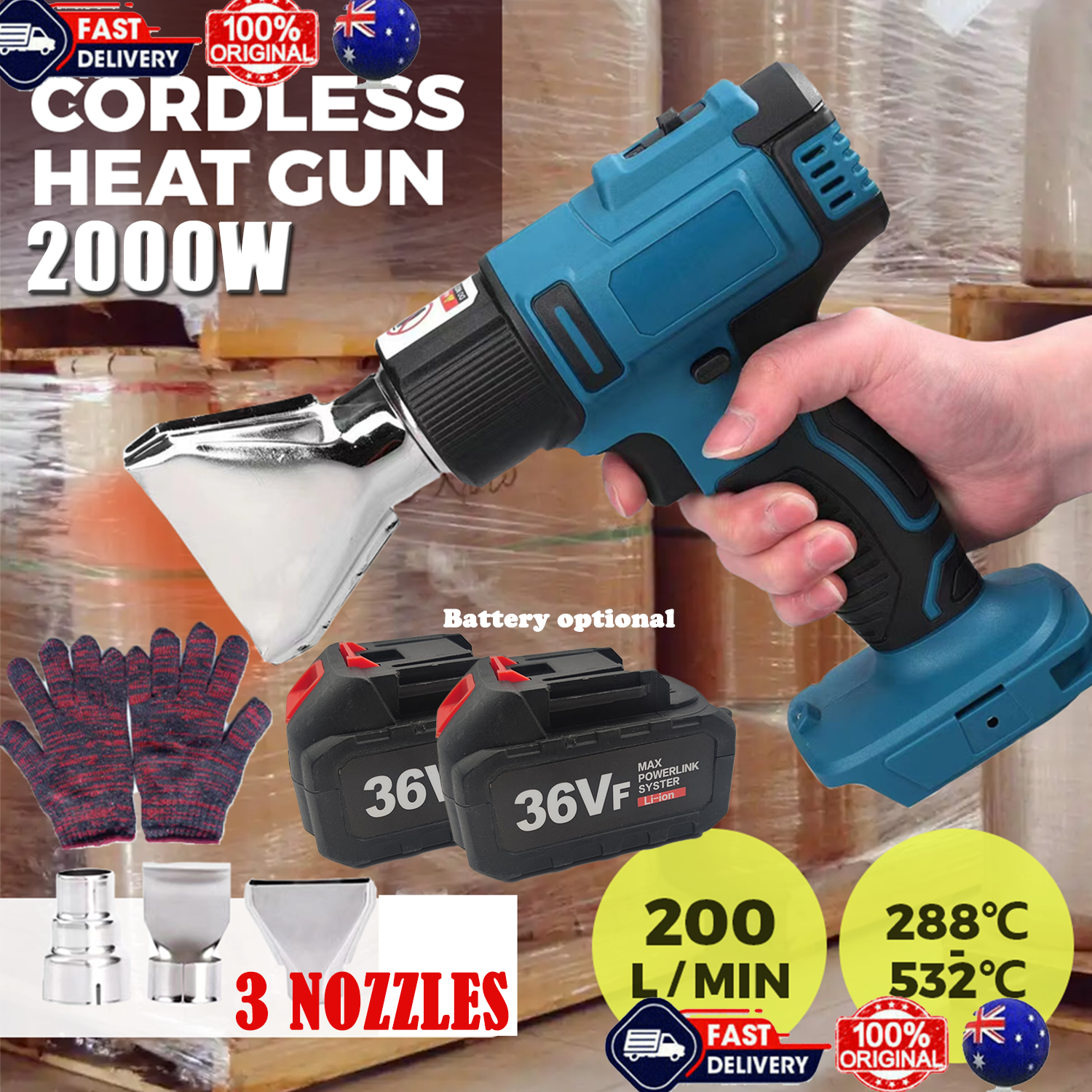 Gardening Tools: 2000W Electric Hot Air Heat Gun with Nozzles Cordless Handheld For Makita 18V AU