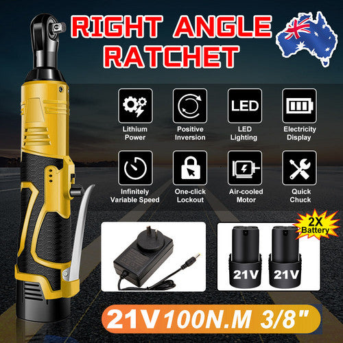 Tool Clamps & Vices: 21V 3/8'' 100N.m Electric Right Angle Ratchet Wrench Charger+ 2 Battery