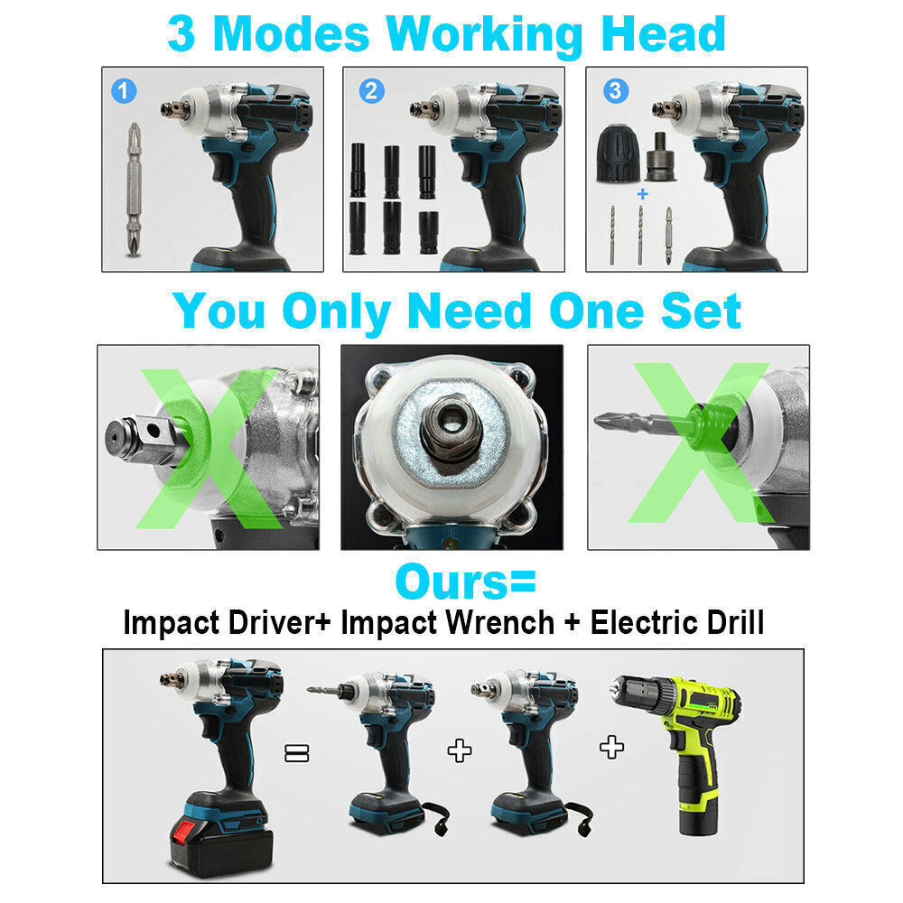 Tool Clamps & Vices: Cordless Electric Impact Wrench Brushless Rattle Gun 1/2" Driver +Large Battery