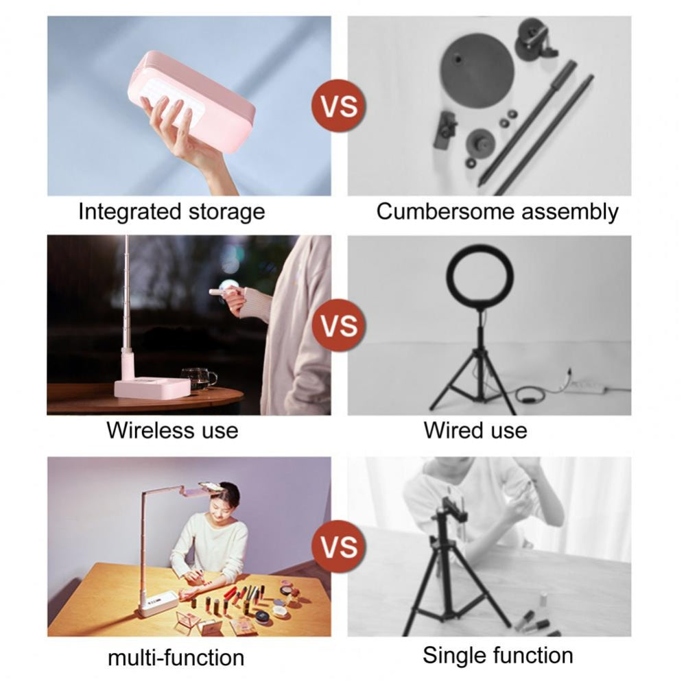 Table Lamps: LED Portable Phone Holder Stand Wireless Remote Dimmable Selfie Fill Light Lamp Pink
