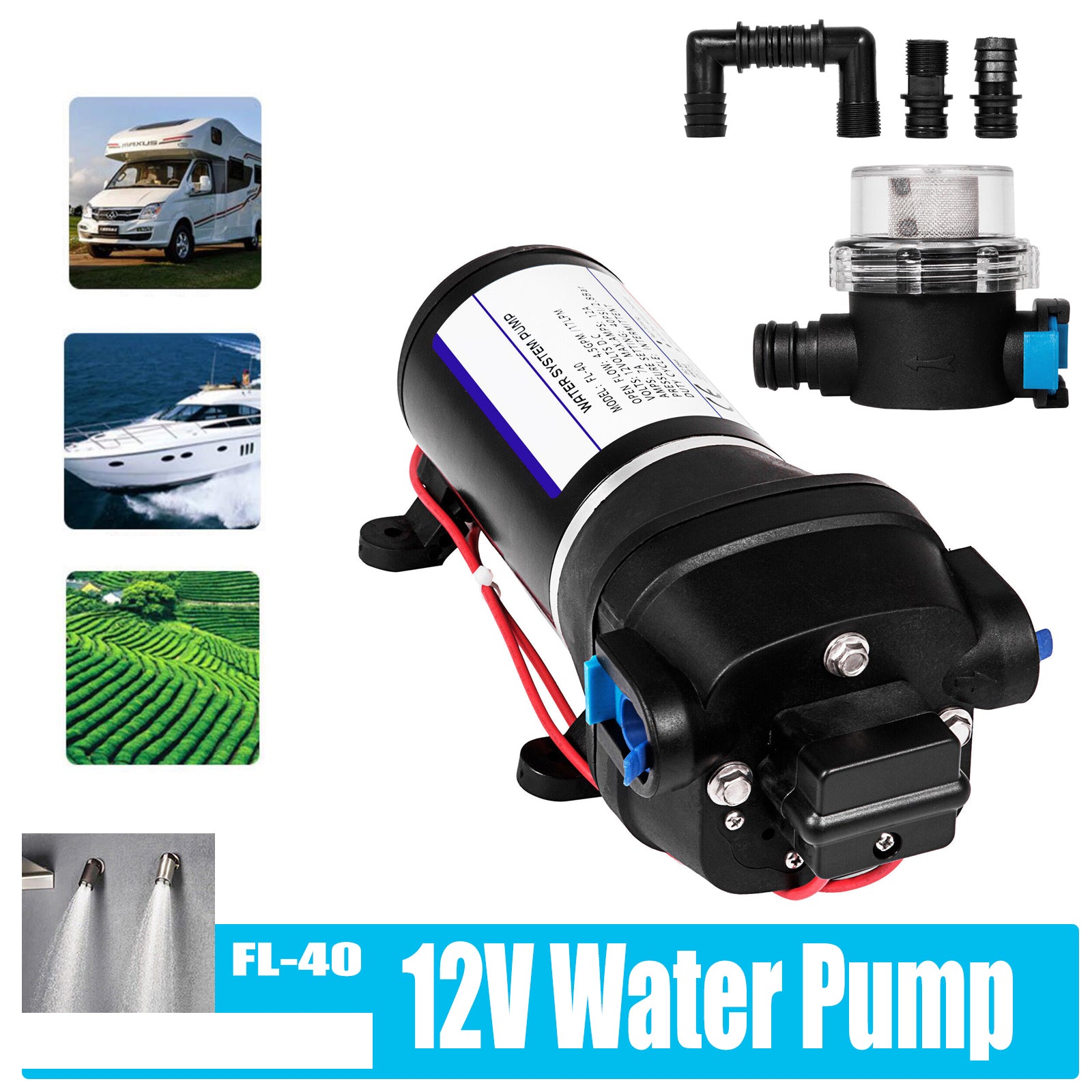 Fountain & Ponds Accessories: 12V Water Pump FL-40 High Pressure 17/10LPM For Caravan Boat Camp Washdown