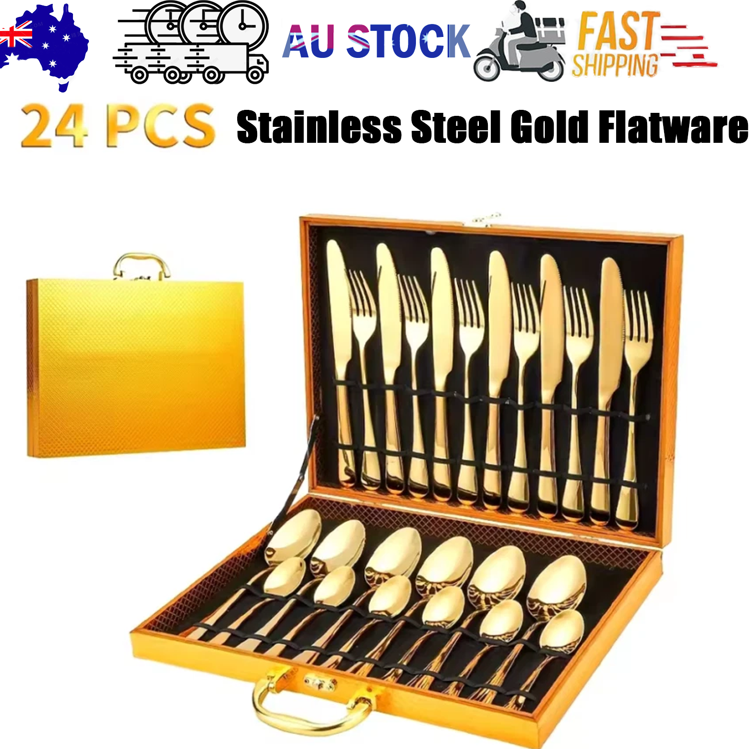 Dining Set: 24pc Elegant Stainless Steel Gold Flatware Set Classic Knife Fork Spoon Gift Set