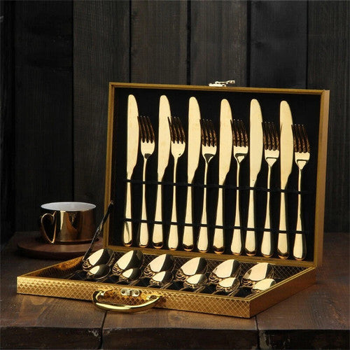 Dining Set: 24pc Elegant Stainless Steel Gold Flatware Set Classic Knife Fork Spoon Gift Set