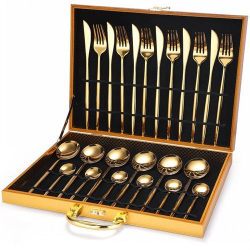 Dining Set: 24pc Elegant Stainless Steel Gold Flatware Set Classic Knife Fork Spoon Gift Set
