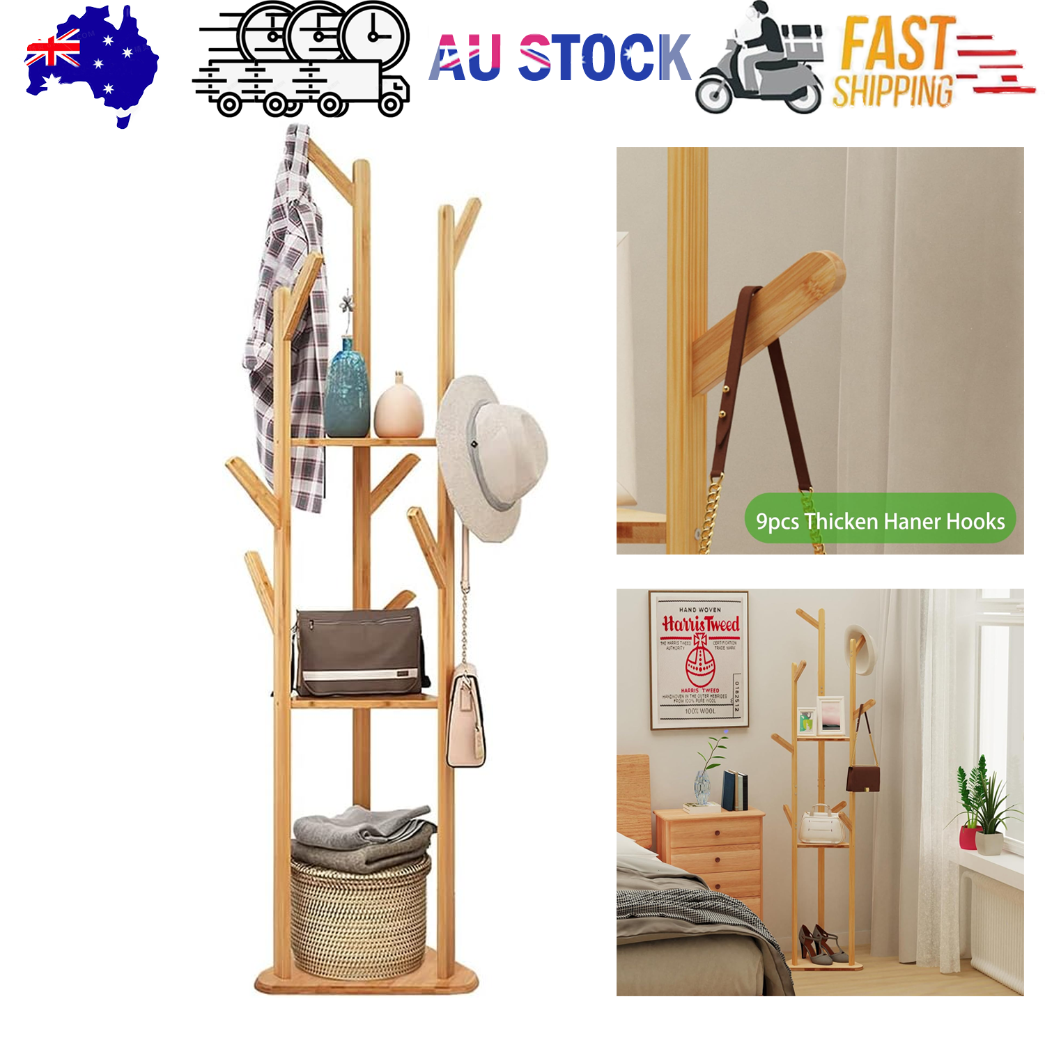 Coat Racks: Clothes Garment Coat Rack Stand Bamboo Hanger Bag Hat Hook Holder Tree Shelf AU