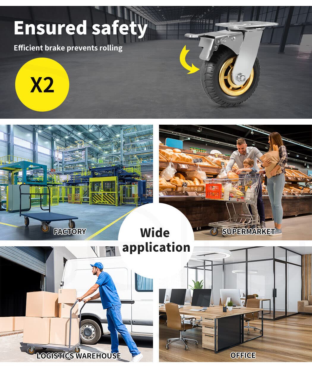 Utility Trolleys: 4X 6" / 150mm Heavy Duty Swivel Caster Wheels Castor 1000KG Load,2 with Brakes