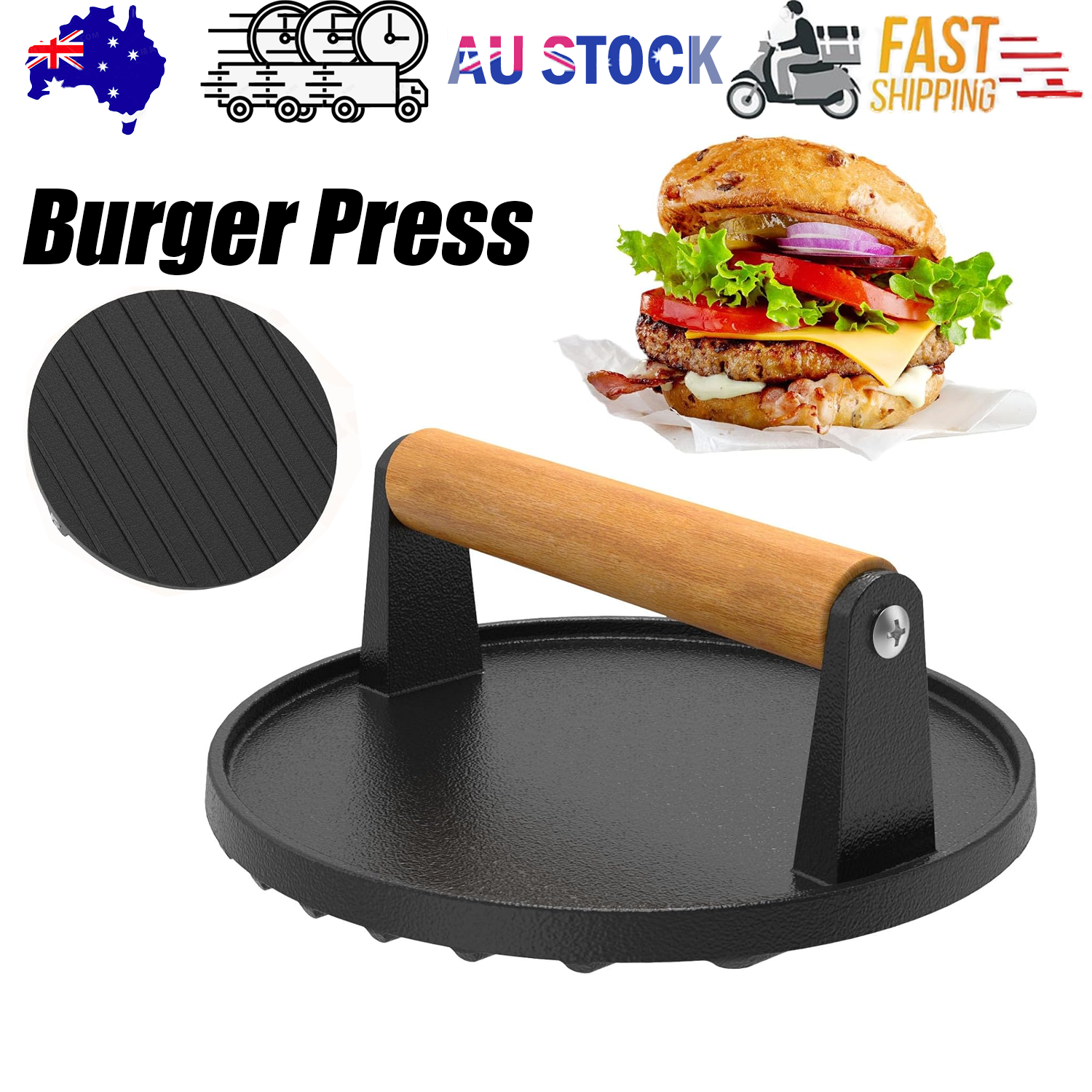 Kitchen Utensils: 7" Heavy Duty Burger Press W/ Solid Wood Handle for Meat Smasher Hamburger Steak