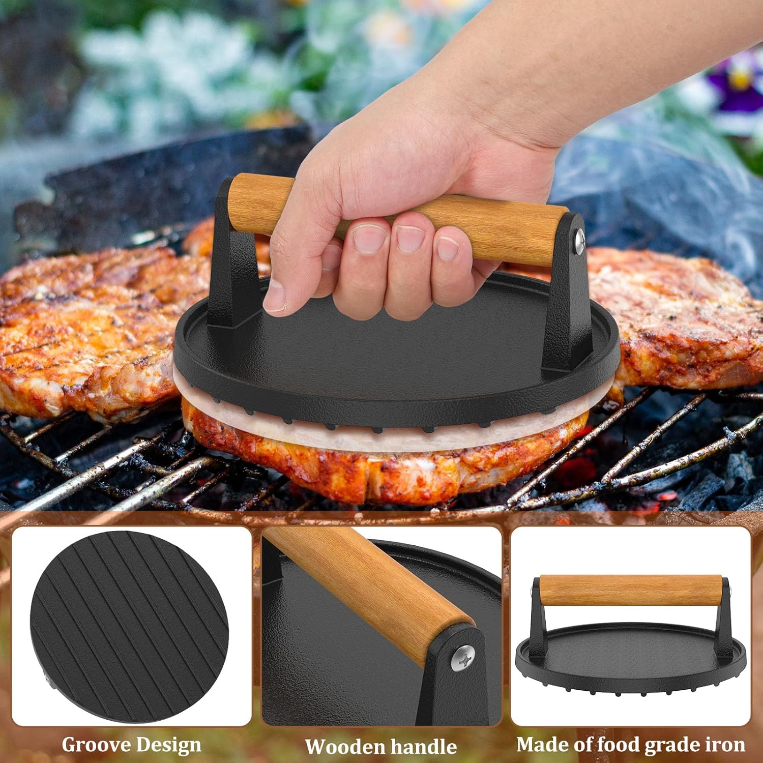 Kitchen Utensils: 7" Heavy Duty Burger Press W/ Solid Wood Handle for Meat Smasher Hamburger Steak