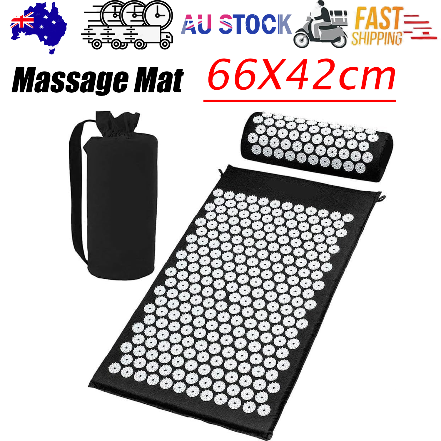 Yoga & Pilates: Black Massage Acupressure Mat Yoga Sit Lying Mats Pain Stress Soreness Relax AU NEW