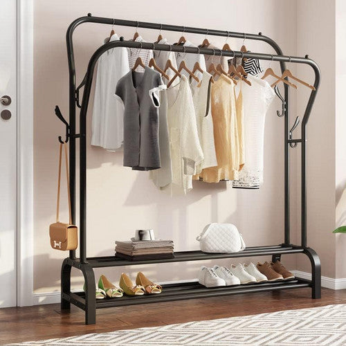 Black Heavy Duty Metal Double Clothes Rail Rack Garment Hanging Shoe Storage Shelf AU