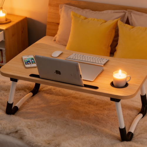 Light Wood Laptop Stand Table Foldable Desk Computer Study Bed Adjustable Cup Slot Tray