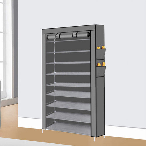 9 Tier Shoe Rack Portable Storage Cabinet Organiser Portable Wardrobe W/ Cover Gray