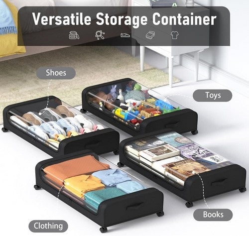 Black Square Under-Bed Storage Rack with Wheels Sturdy Easy to Move for Bedroom AU
