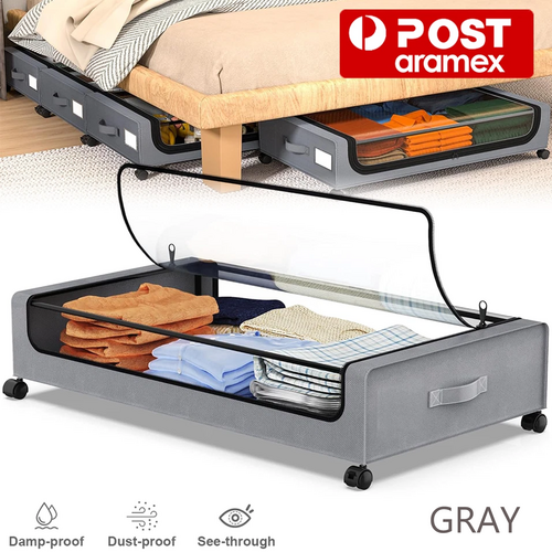 Gray Square Under-Bed Storage Rack with Wheels Sturdy Easy to Move for Bedroom AU