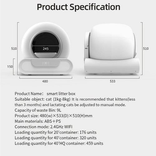 65L Remote Control Automatic Self Cleaning Cat Litter Box Smart App Easy-Clean