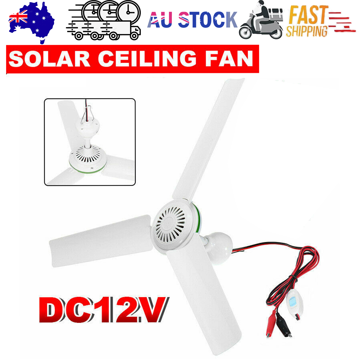 12V Ceiling Fan Portable Solar Power 3 Blade 0.7AMP Caravan Camping Outdoor