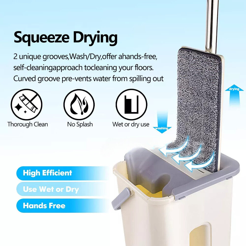 Mop Bucket Wet Dry Rinse Wash 360 Rotating Squeeze Flat Floor Cleaner with Pads