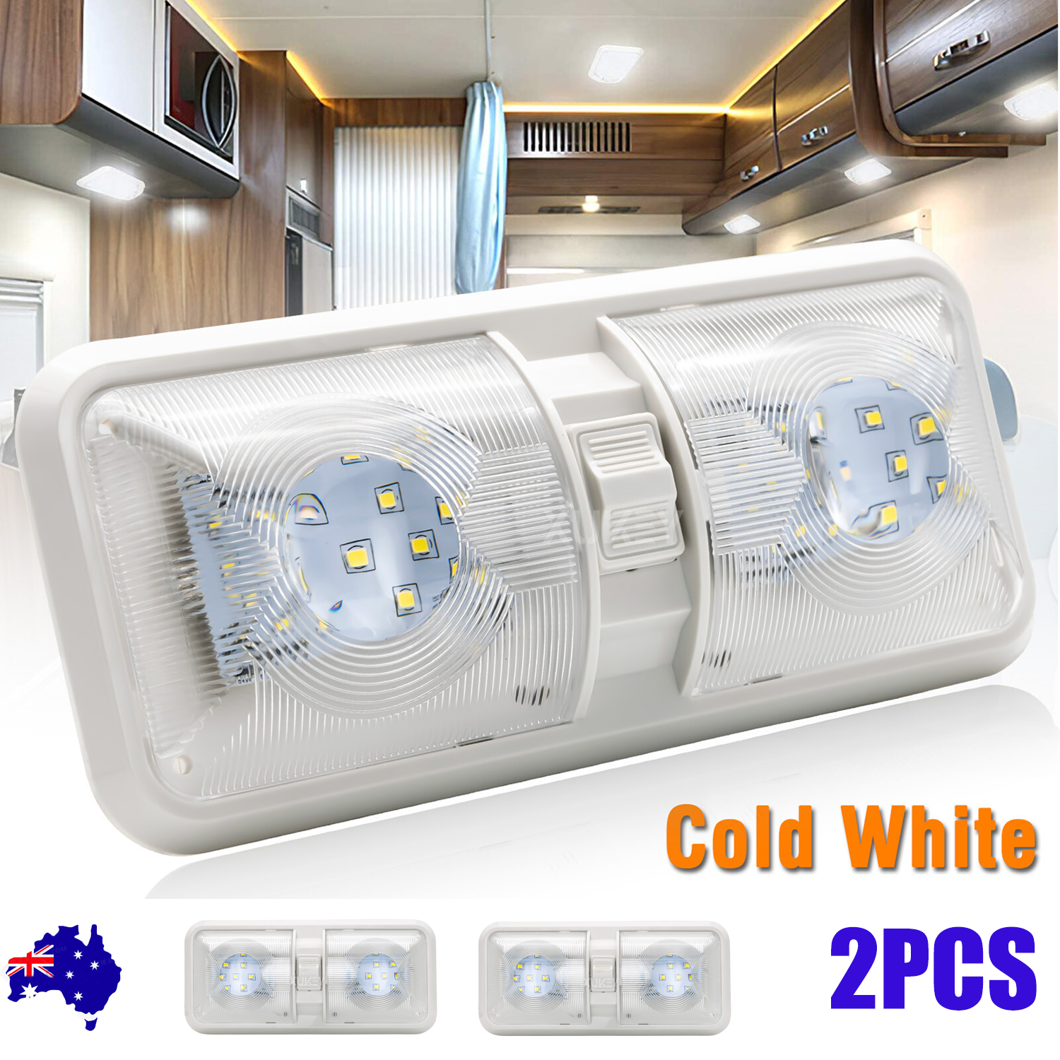 2pcs 12V RV Interior LED Ceiling Light Boat Camper Caravan Trailer Double Dome Light