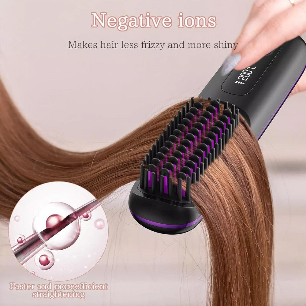 Black Hair Straightener Brush Travel Mini Rechargeable Hair Styler Fast Heating
