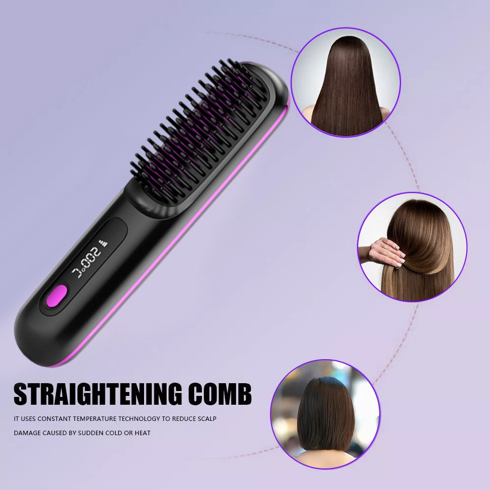 Black Hair Straightener Brush Travel Mini Rechargeable Hair Styler Fast Heating
