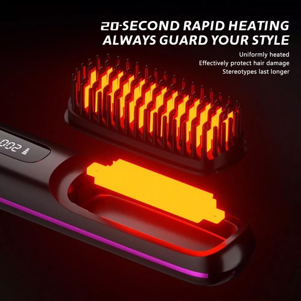 Black Hair Straightener Brush Travel Mini Rechargeable Hair Styler Fast Heating