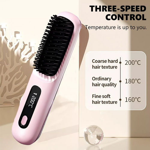 Pink Hair Straightener Brush Travel Mini Rechargeable Hair Styler Fast Heating
