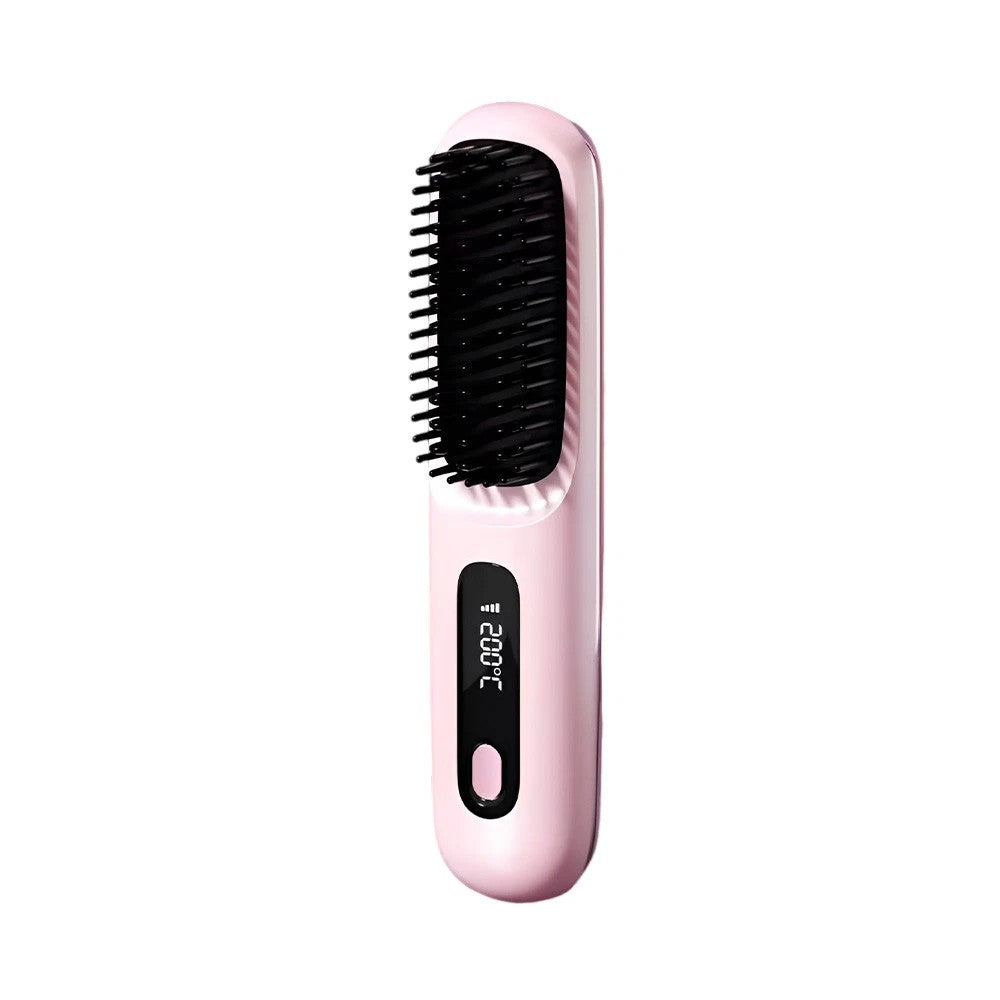 Pink Hair Straightener Brush Travel Mini Rechargeable Hair Styler Fast Heating