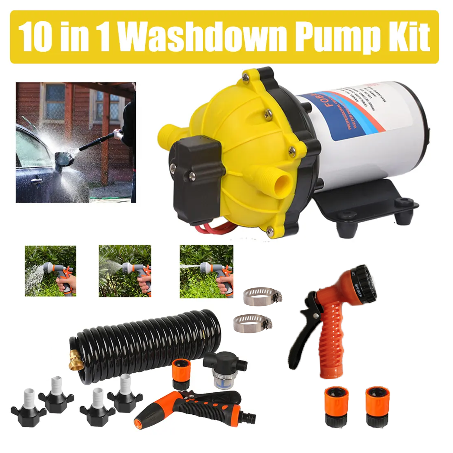 Sewage Pumps: 6.6GPM Washdown Pump Kit 12V Wash Pump w/ Hose Nozzle For Caravan RV Marine Boat