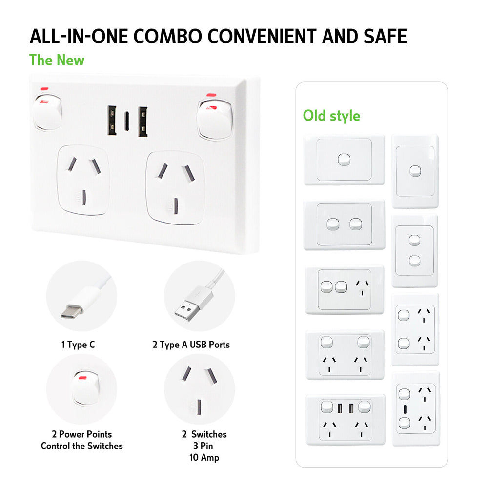 Speciality Appliances: 5PCS Double Power Point Dual USB+Type-C GPO Fast Charge 3.6 amp Wall Outlet