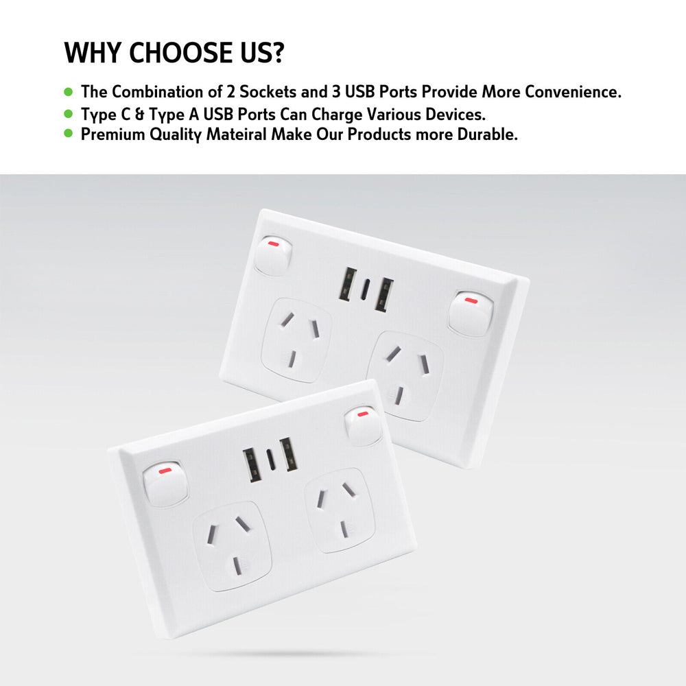 Speciality Appliances: 5PCS Double Power Point Dual USB+Type-C GPO Fast Charge 3.6 amp Wall Outlet