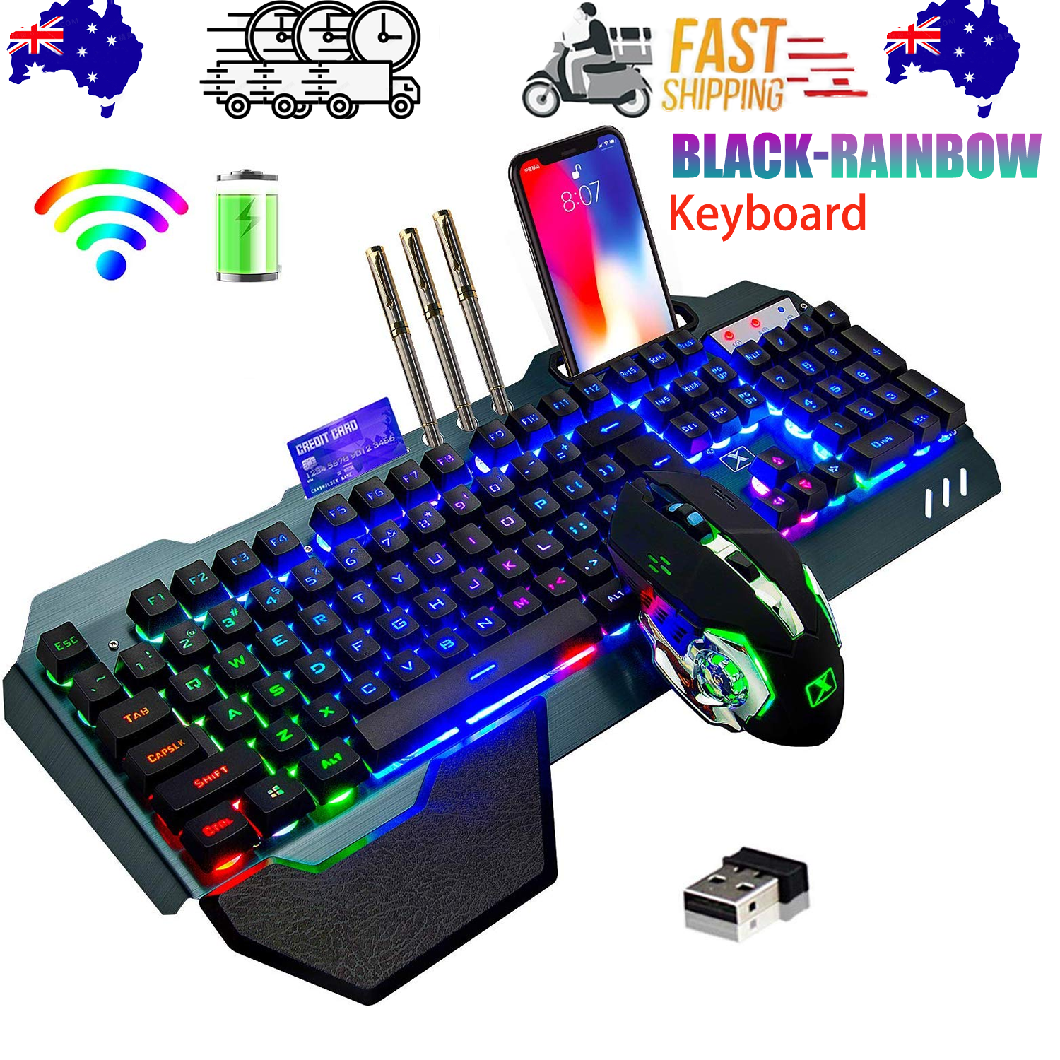 Keyboards & Accessories: 104 Keys Wireless Gaming Keyboard Mouse Set+Mouse Pad, RGB LED Backlit PC/Laptop Black-Rainbow