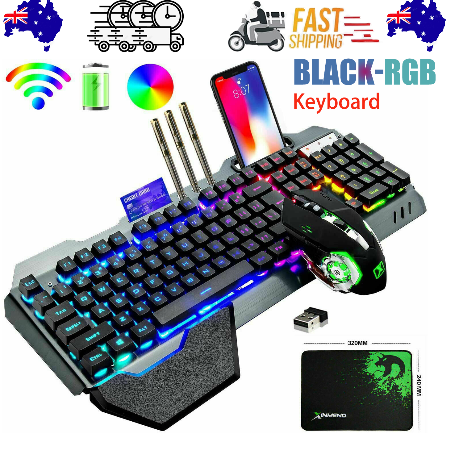 Keyboards & Accessories: 104 Keys Wireless Gaming Keyboard Mouse Set+Mouse Pad, RGB LED Backlit PC/Laptop Black-RGB