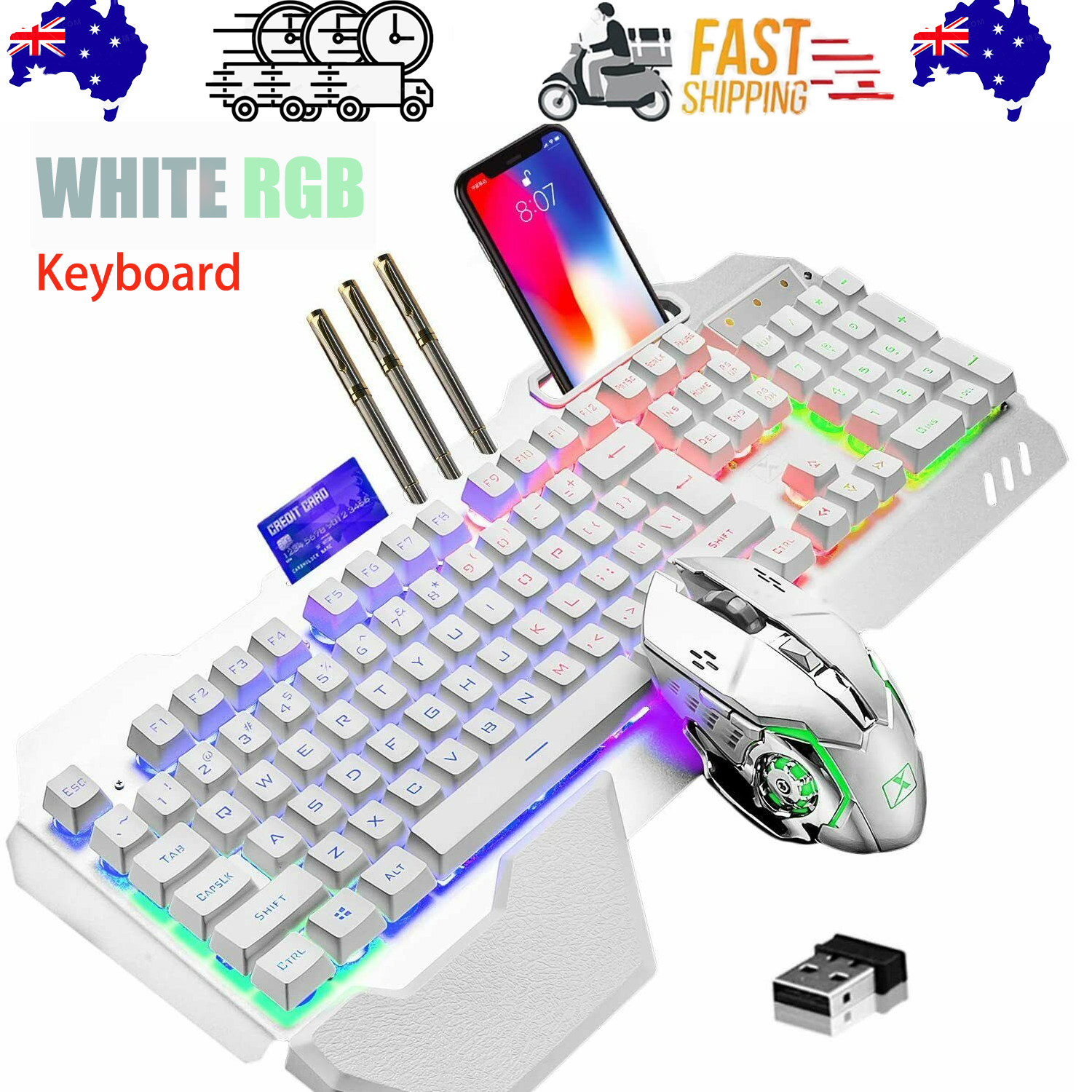 Keyboards & Accessories: 104 Keys Wireless Gaming Keyboard Mouse Set+Mouse Pad, RGB LED Backlit PC/Laptop White-RGB