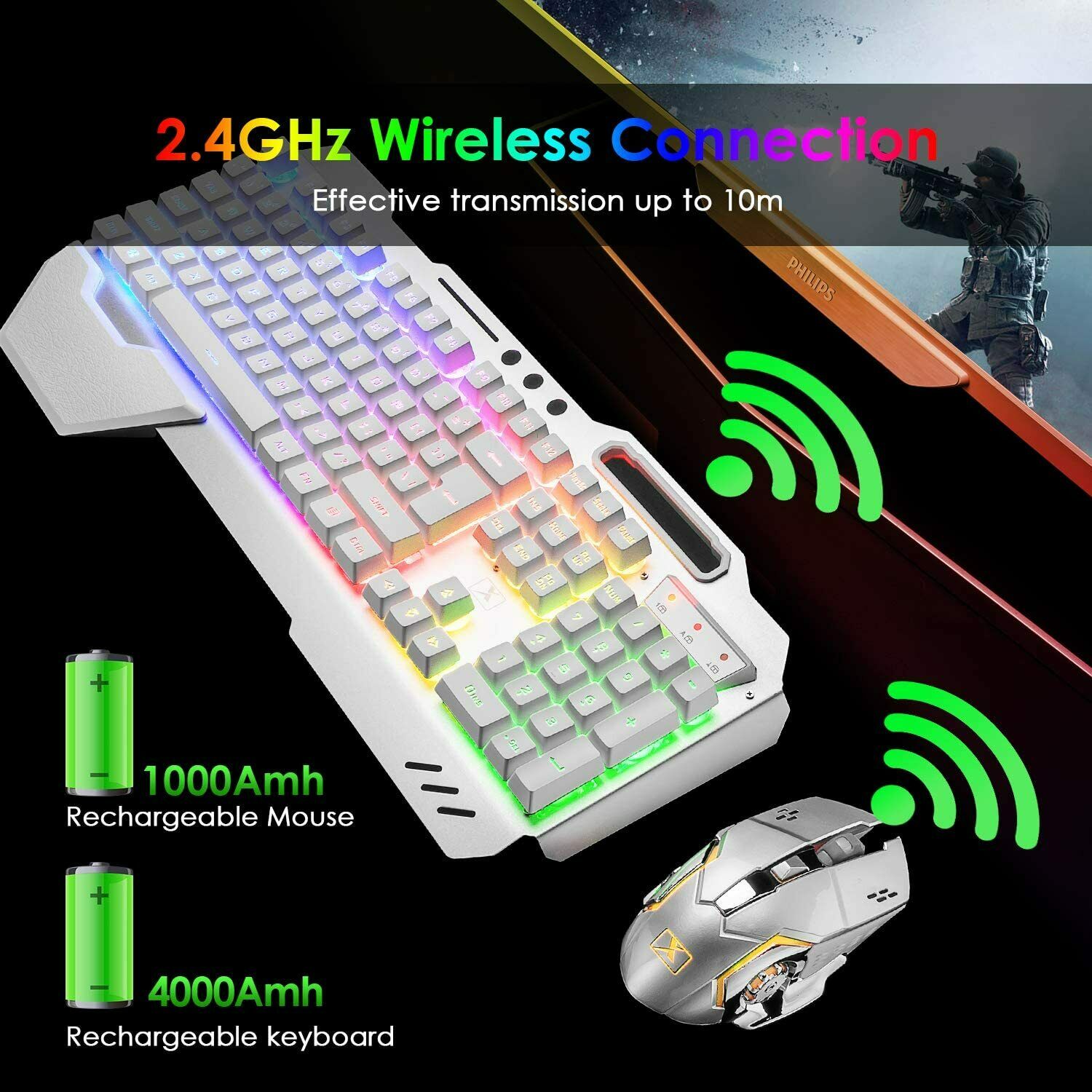 Keyboards & Accessories: 104 Keys Wireless Gaming Keyboard Mouse Set+Mouse Pad, RGB LED Backlit PC/Laptop White-RGB