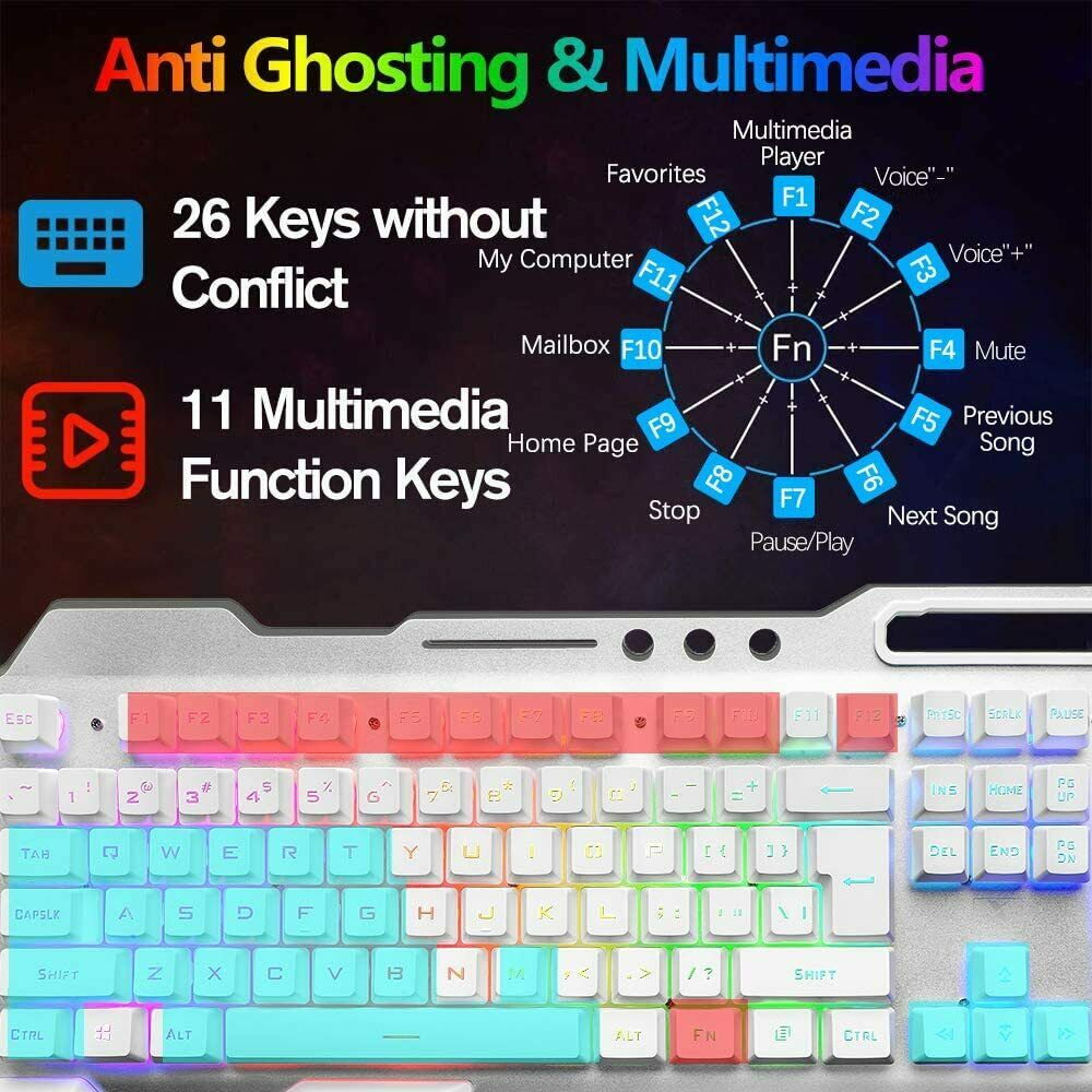 Keyboards & Accessories: 104 Keys Wireless Gaming Keyboard Mouse Set+Mouse Pad, RGB LED Backlit PC/Laptop White-RGB