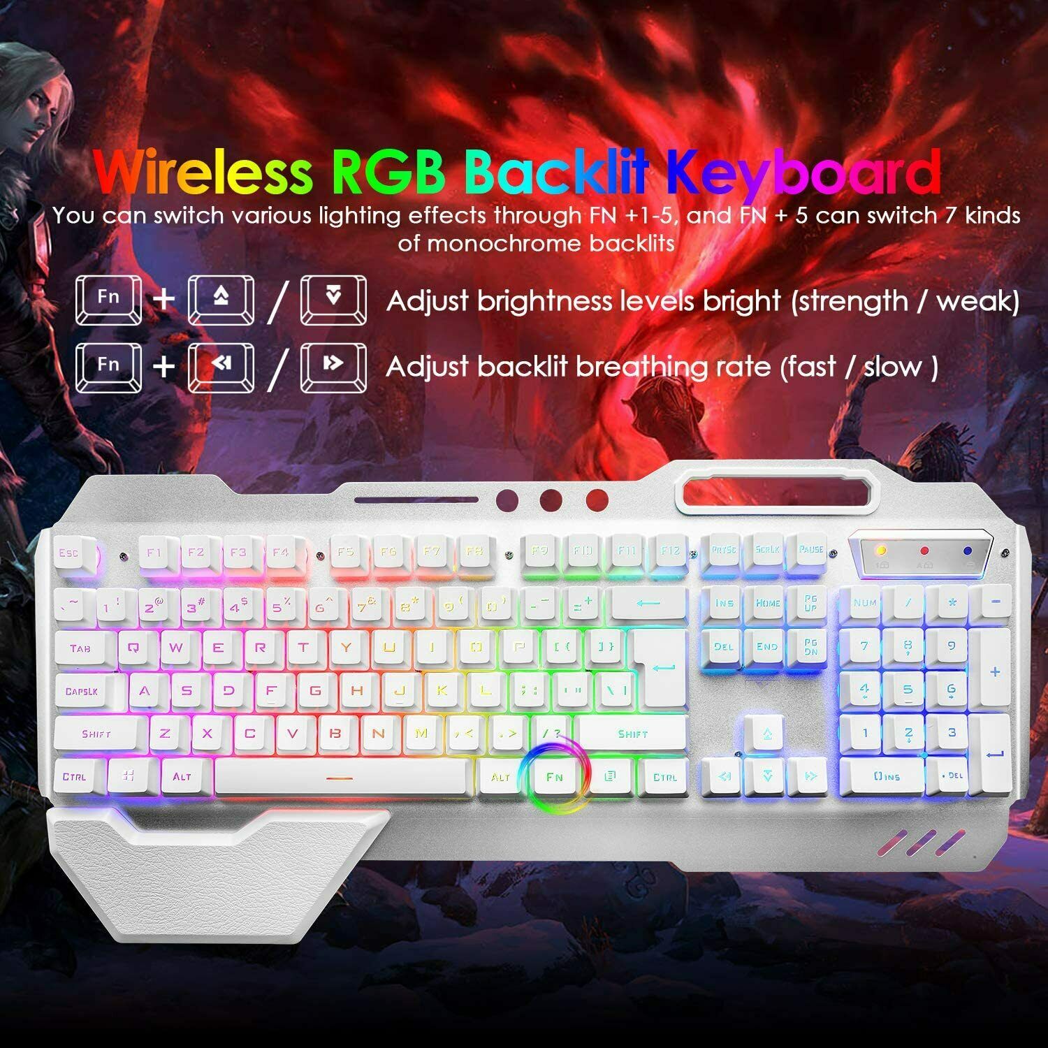 Keyboards & Accessories: 104 Keys Wireless Gaming Keyboard Mouse Set+Mouse Pad, RGB LED Backlit PC/Laptop White-RGB