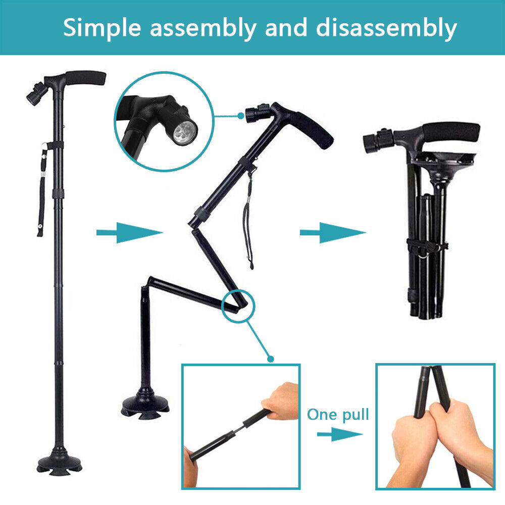 Supports & Braces: Walking Stick Cane Folding Handle Adjustable fixed LED Light Aid Holder Lighting